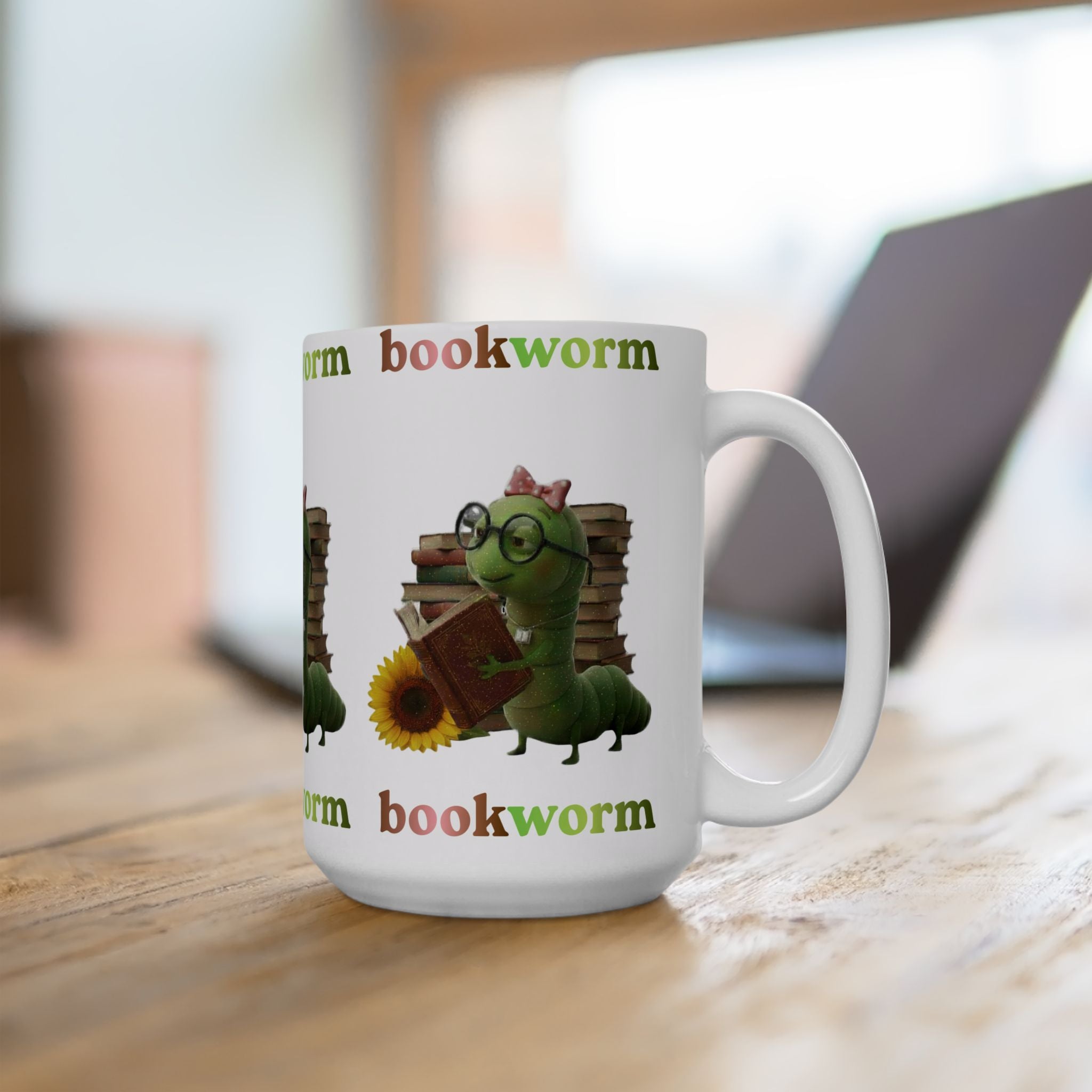 Bookworm Ceramic Mug — 'Bookworm' Coffee Tea Cup (15oz)