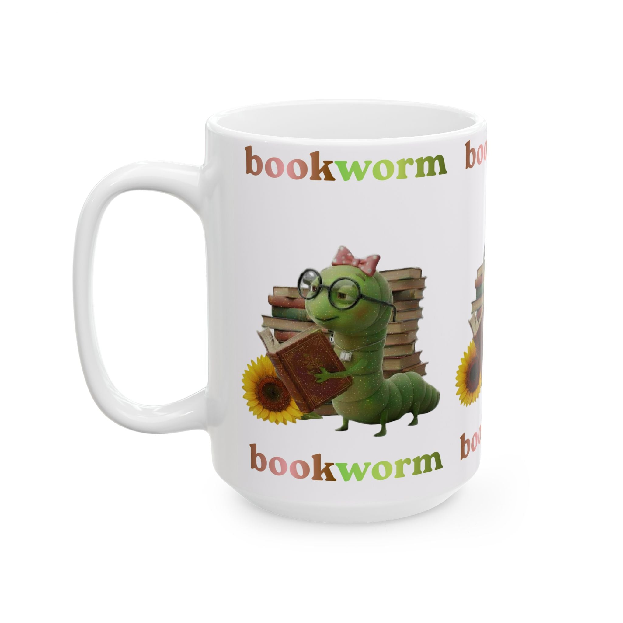 Bookworm Ceramic Mug — 'Bookworm' Coffee Tea Cup (15oz)