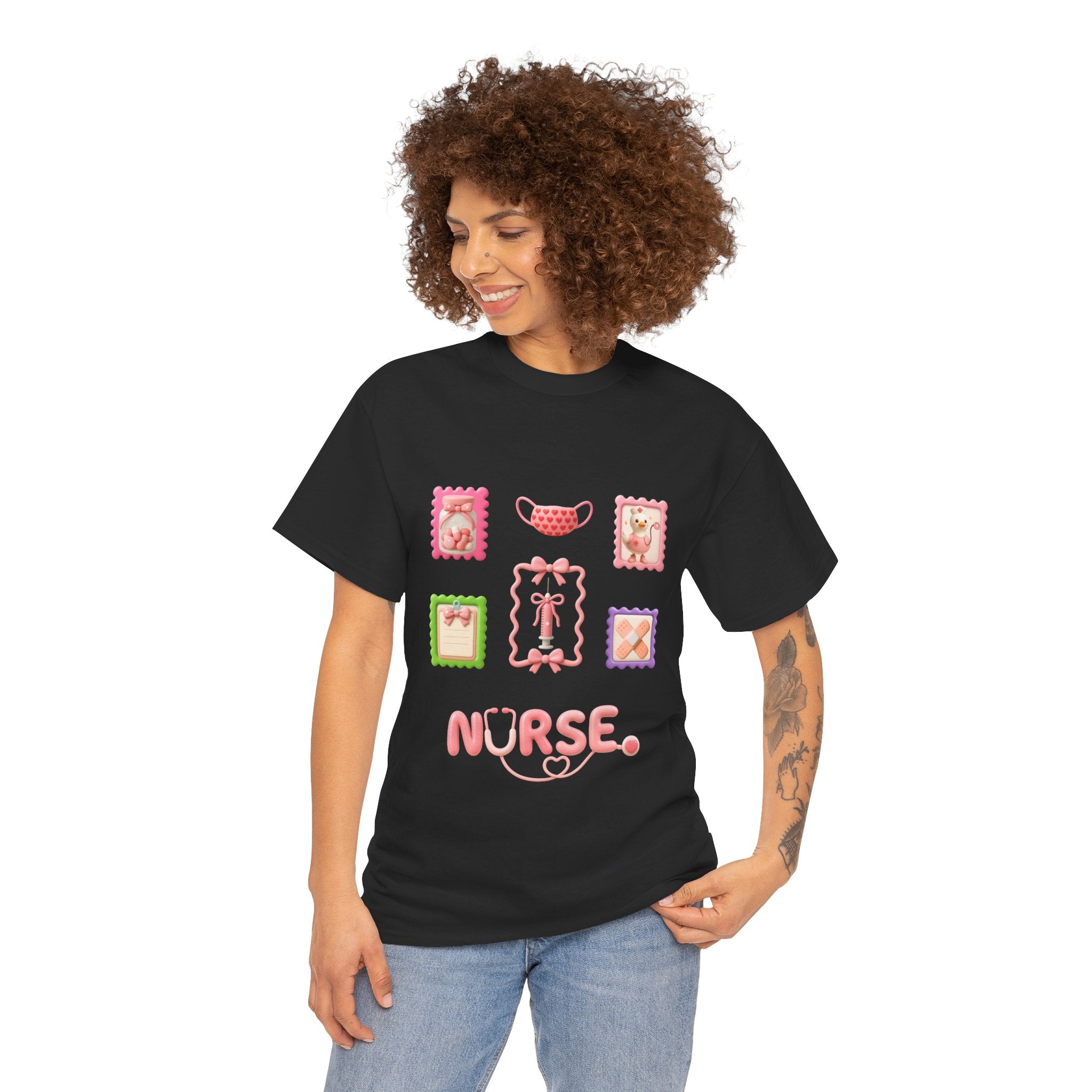 Cute Nurse T‑Shirt – Pink Stethoscope & Medical Icons Tee for Nurses