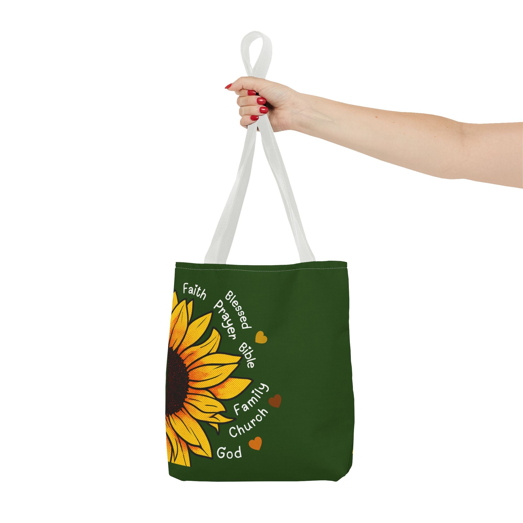 Sunflower Faith Tote Bag — 'Faith, Blessed, Prayer, Bible, Family, Church, God' Religious Canvas Tote