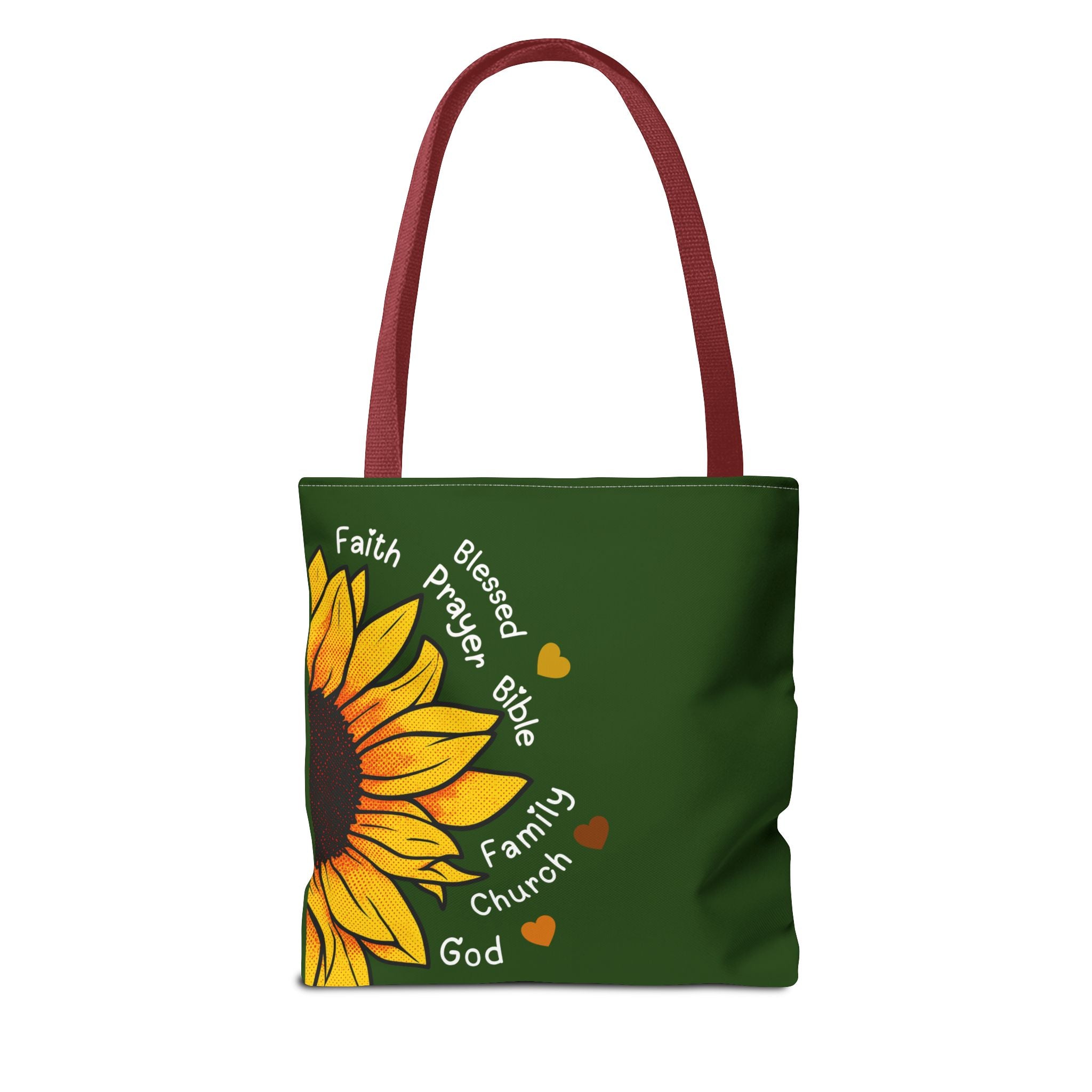 Sunflower Faith Tote Bag — 'Faith, Blessed, Prayer, Bible, Family, Church, God' Religious Canvas Tote
