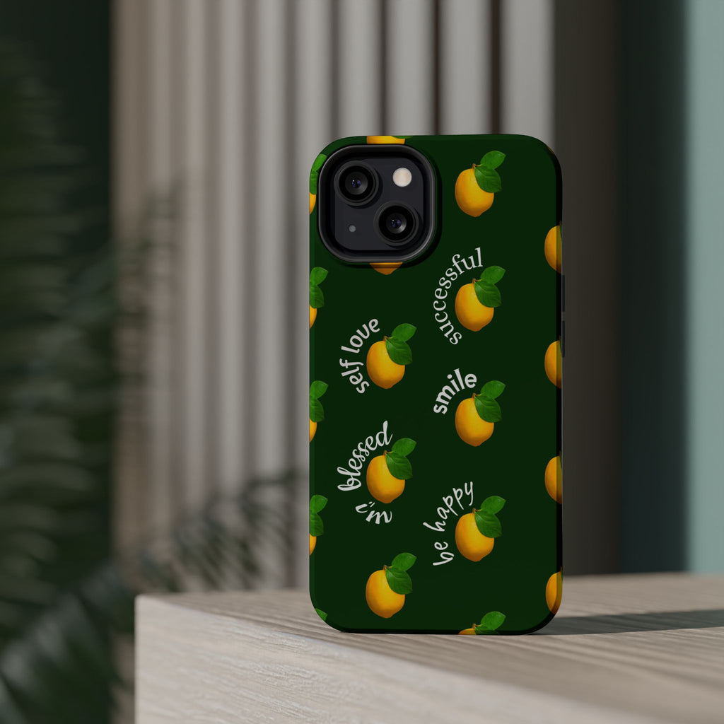 Lemon Pattern Magnetic Impact Phone Case — "be happy, blessed, successful" Design