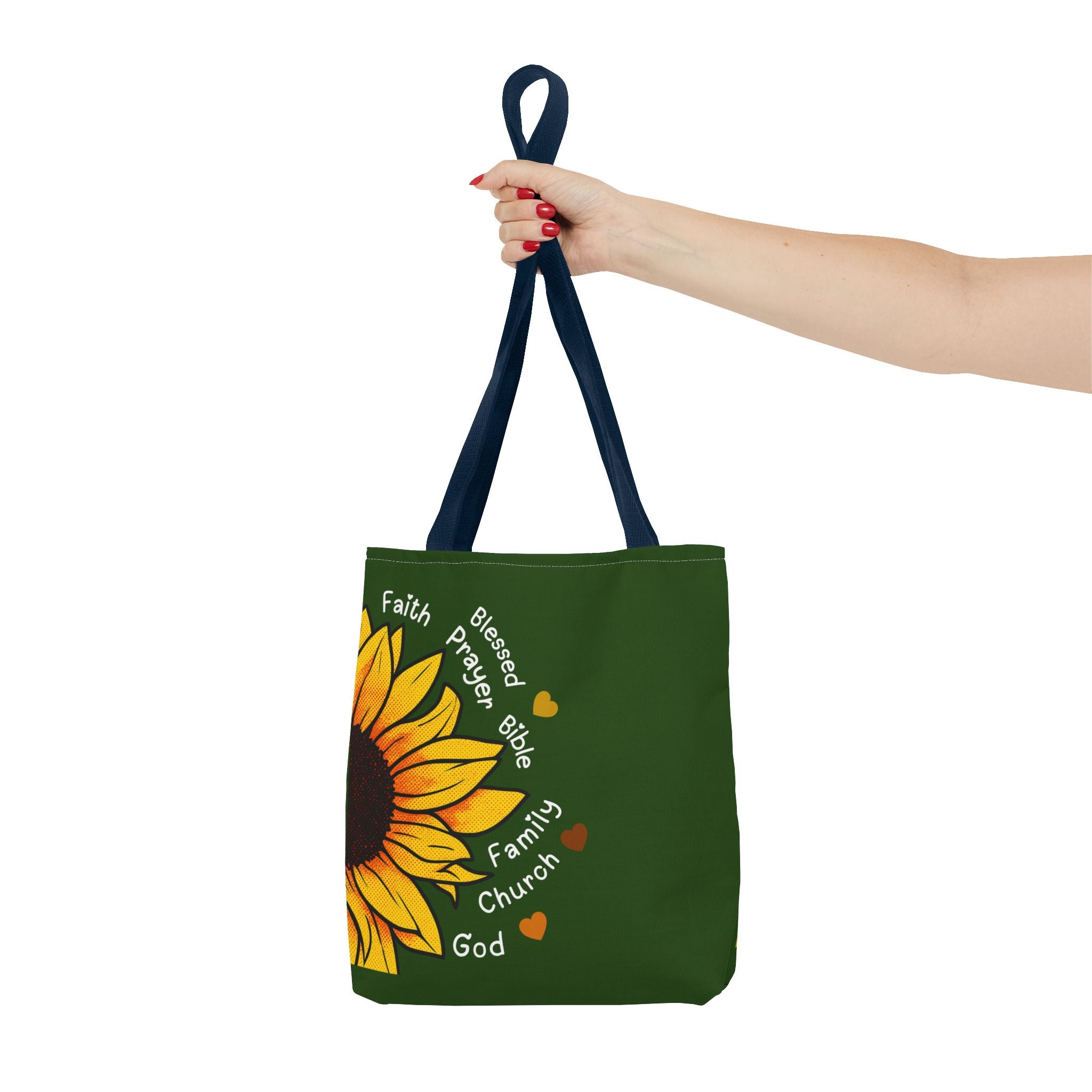 Sunflower Faith Tote Bag — 'Faith, Blessed, Prayer, Bible, Family, Church, God' Religious Canvas Tote