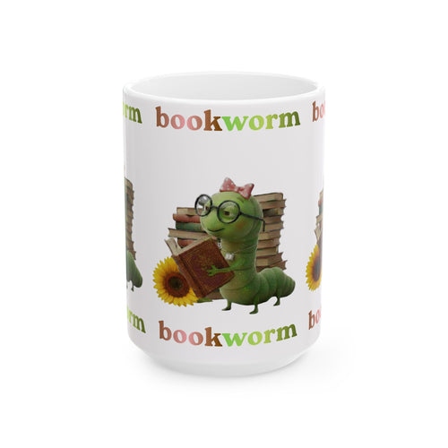 Bookworm Ceramic Mug — 'Bookworm' Coffee Tea Cup (15oz)