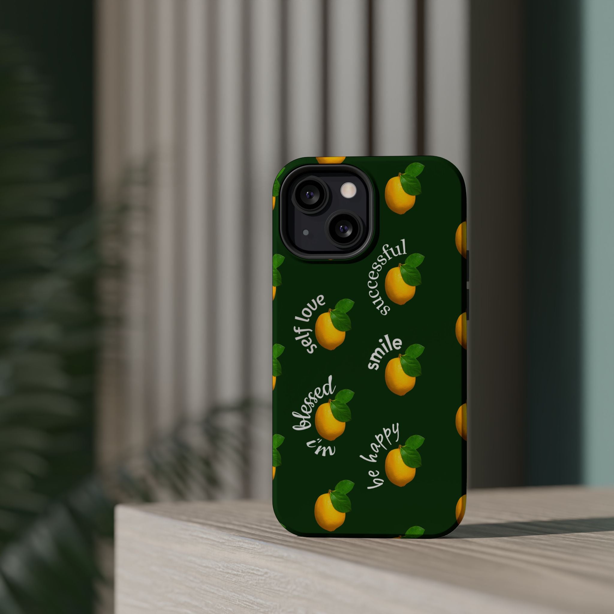 Lemon Pattern Magnetic Impact Phone Case — "be happy, blessed, successful" Design