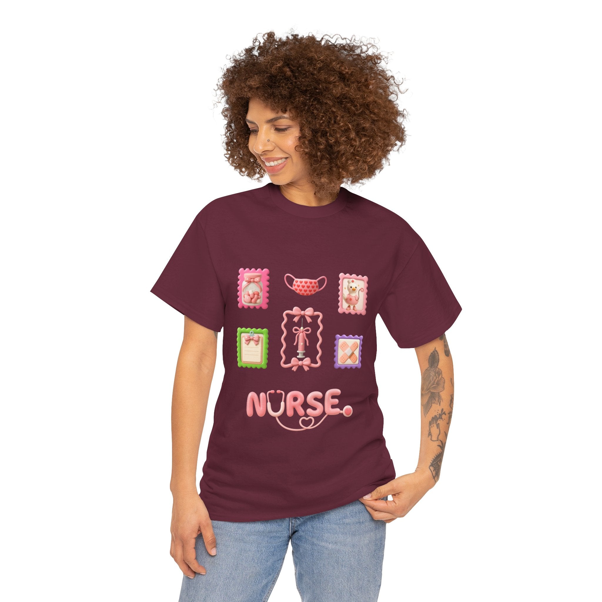 Cute Nurse T‑Shirt – Pink Stethoscope & Medical Icons Tee for Nurses