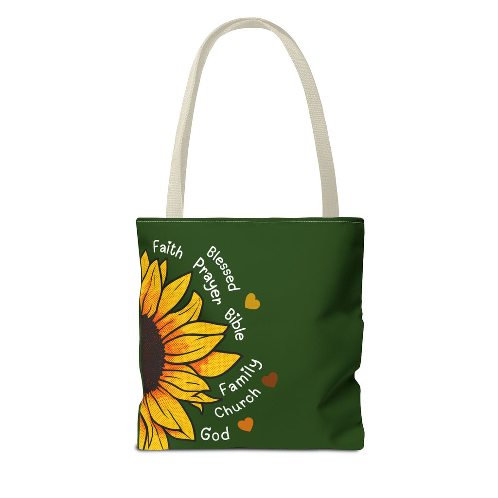 Sunflower Faith Tote Bag — 'Faith, Blessed, Prayer, Bible, Family, Church, God' Religious Canvas Tote