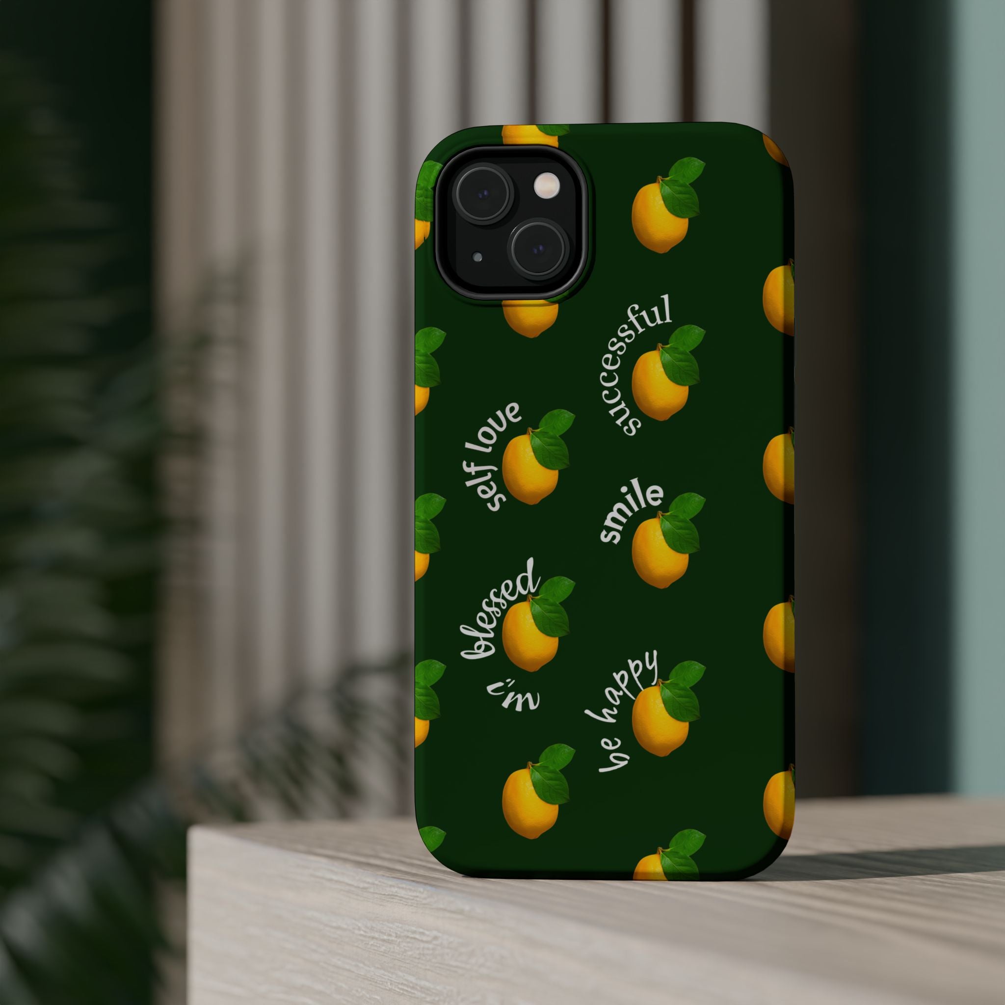 Lemon Pattern Magnetic Impact Phone Case — "be happy, blessed, successful" Design