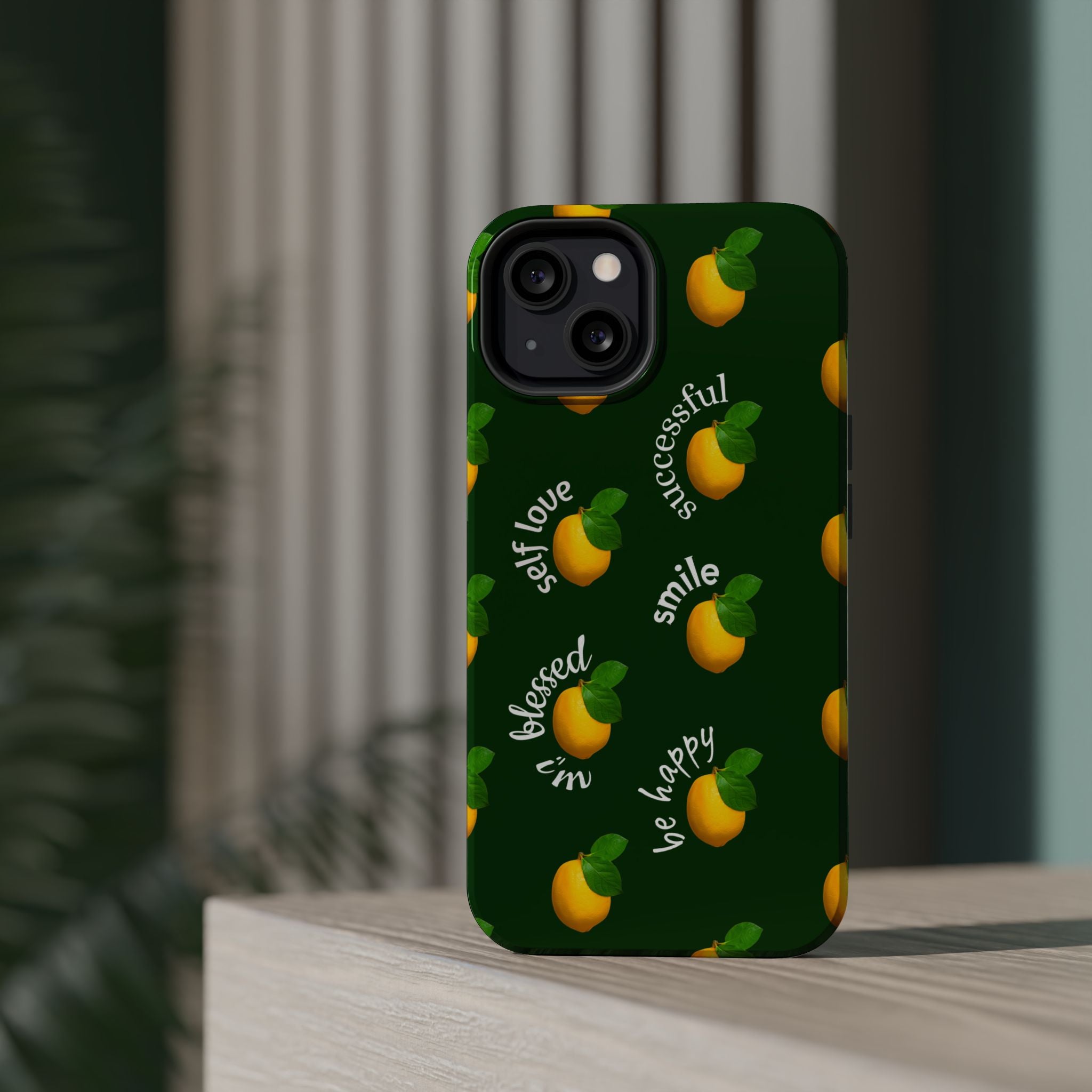 Lemon Pattern Magnetic Impact Phone Case — "be happy, blessed, successful" Design