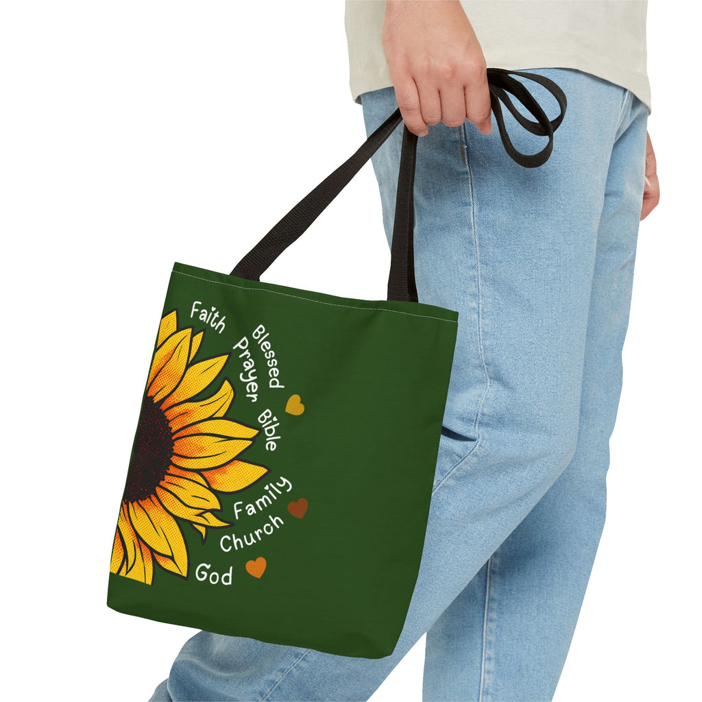 Sunflower Faith Tote Bag — 'Faith, Blessed, Prayer, Bible, Family, Church, God' Religious Canvas Tote