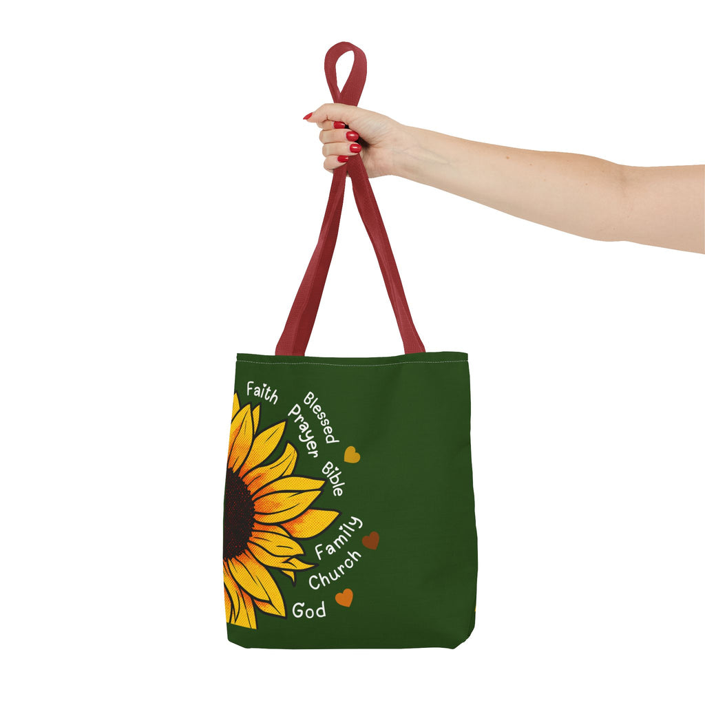 Sunflower Faith Tote Bag — 'Faith, Blessed, Prayer, Bible, Family, Church, God' Religious Canvas Tote