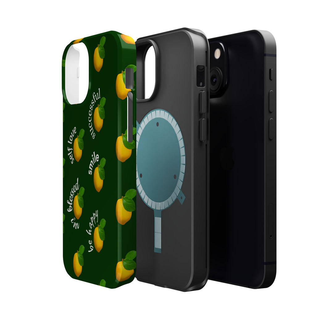 Lemon Pattern Magnetic Impact Phone Case — "be happy, blessed, successful" Design