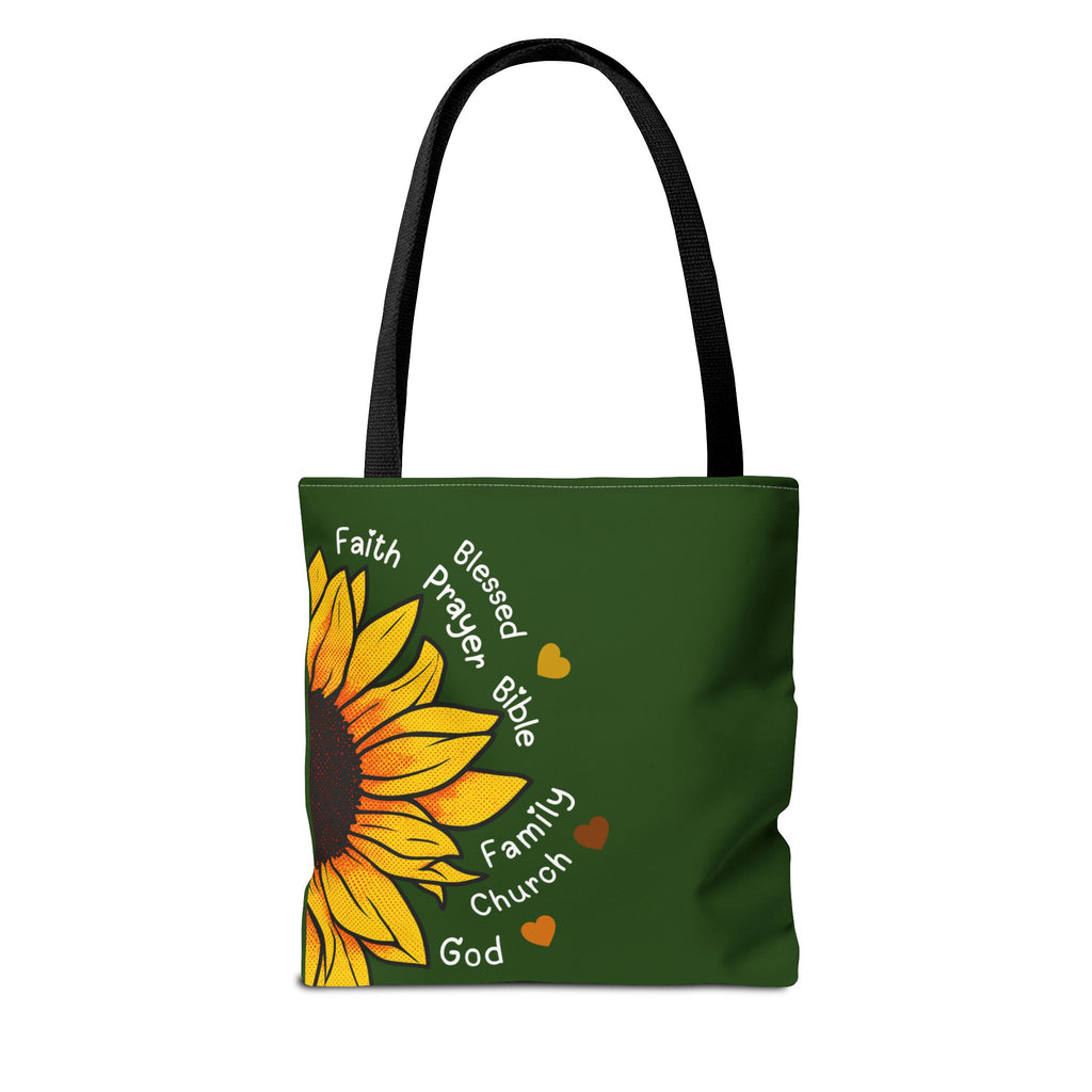 Sunflower Faith Tote Bag — 'Faith, Blessed, Prayer, Bible, Family, Church, God' Religious Canvas Tote