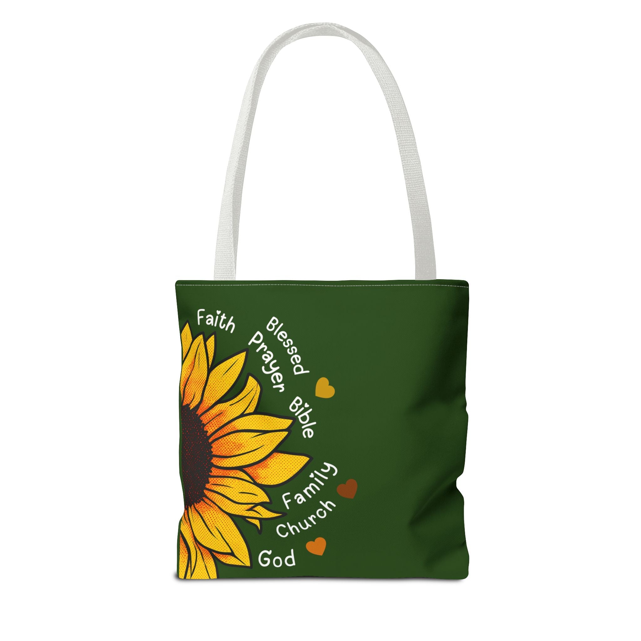 Sunflower Faith Tote Bag — 'Faith, Blessed, Prayer, Bible, Family, Church, God' Religious Canvas Tote