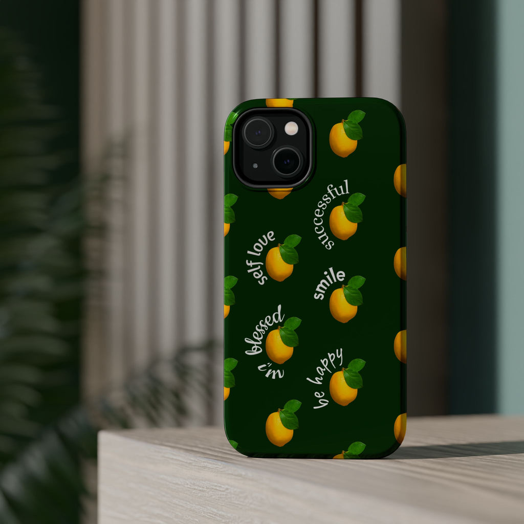 Lemon Pattern Magnetic Impact Phone Case — "be happy, blessed, successful" Design