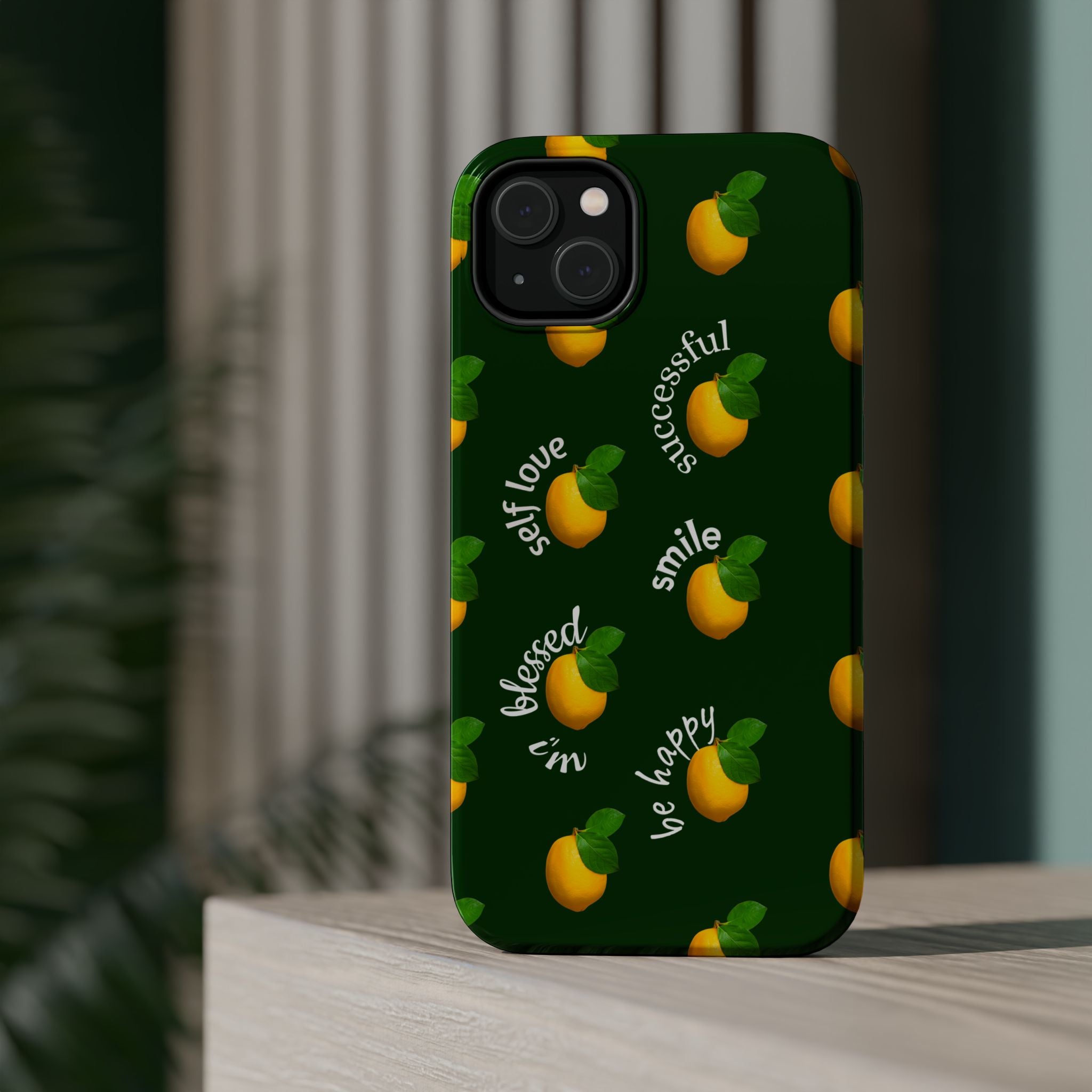 Lemon Pattern Magnetic Impact Phone Case — "be happy, blessed, successful" Design