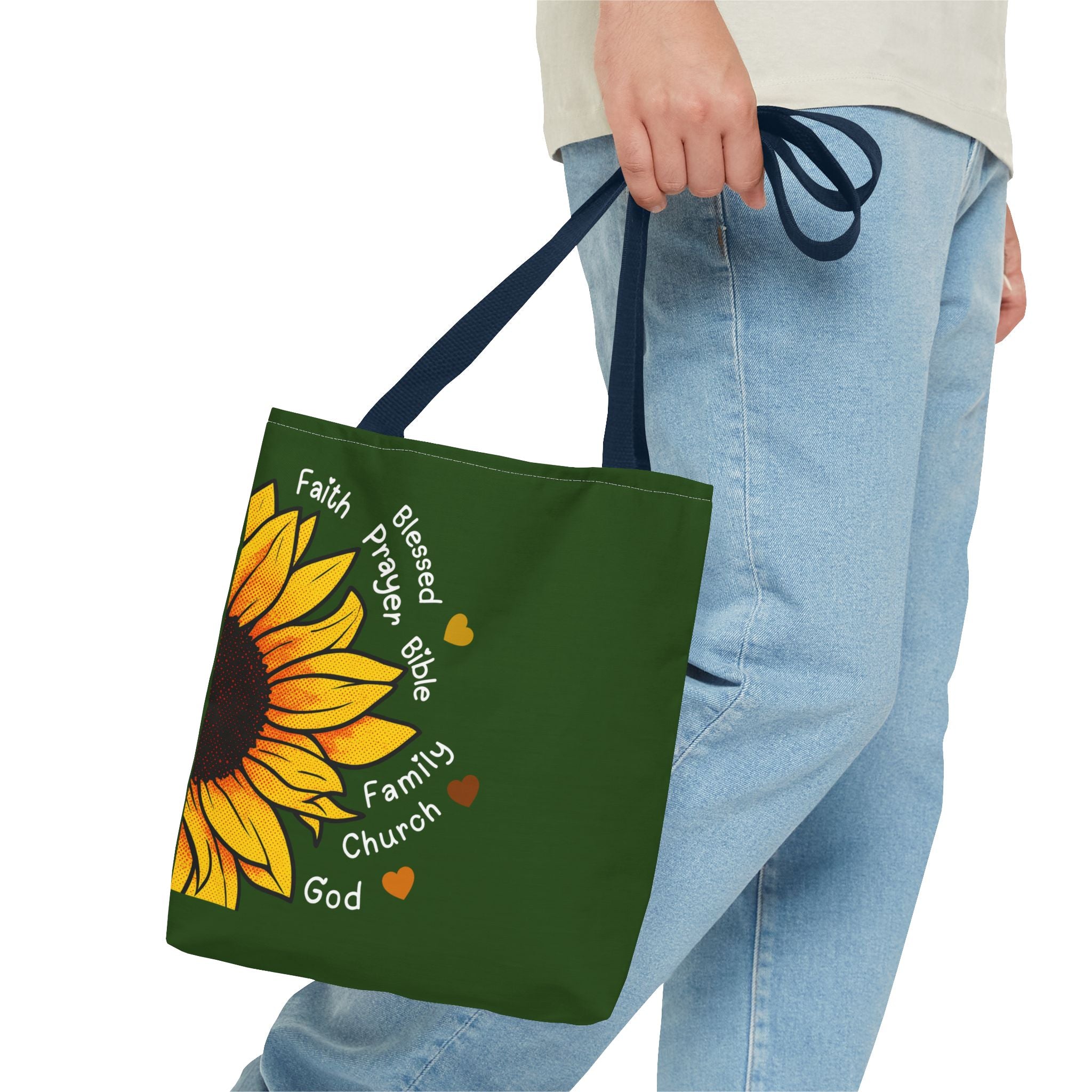 Sunflower Faith Tote Bag — 'Faith, Blessed, Prayer, Bible, Family, Church, God' Religious Canvas Tote