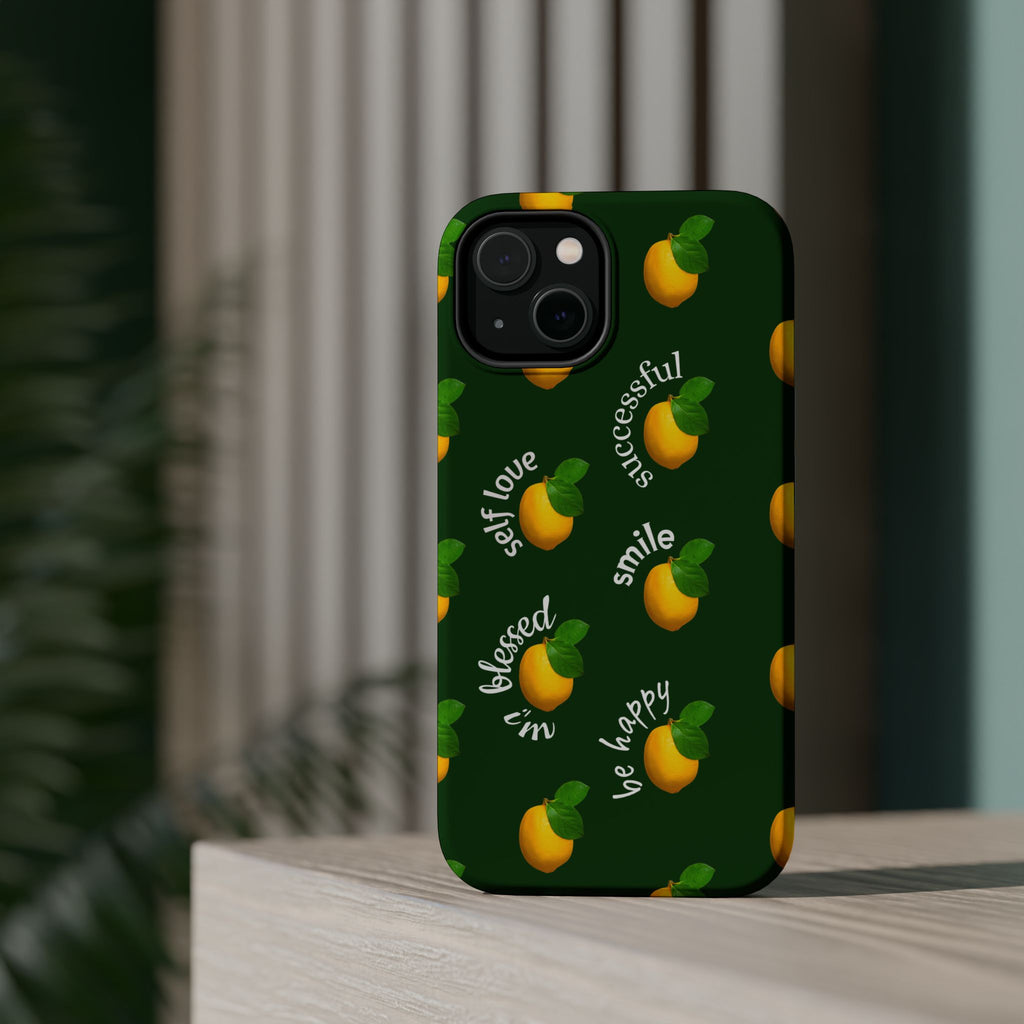 Lemon Pattern Magnetic Impact Phone Case — "be happy, blessed, successful" Design