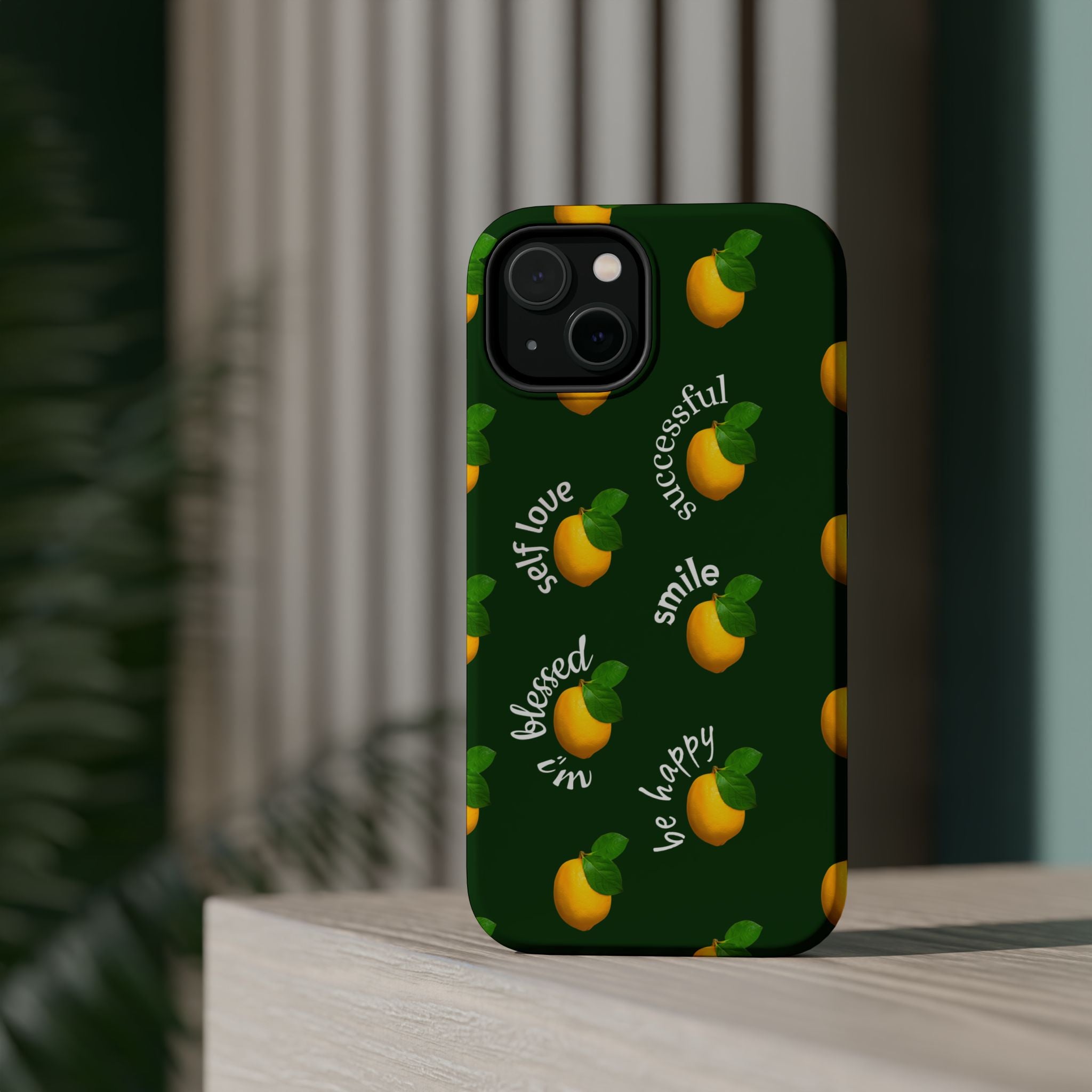 Lemon Pattern Magnetic Impact Phone Case — "be happy, blessed, successful" Design