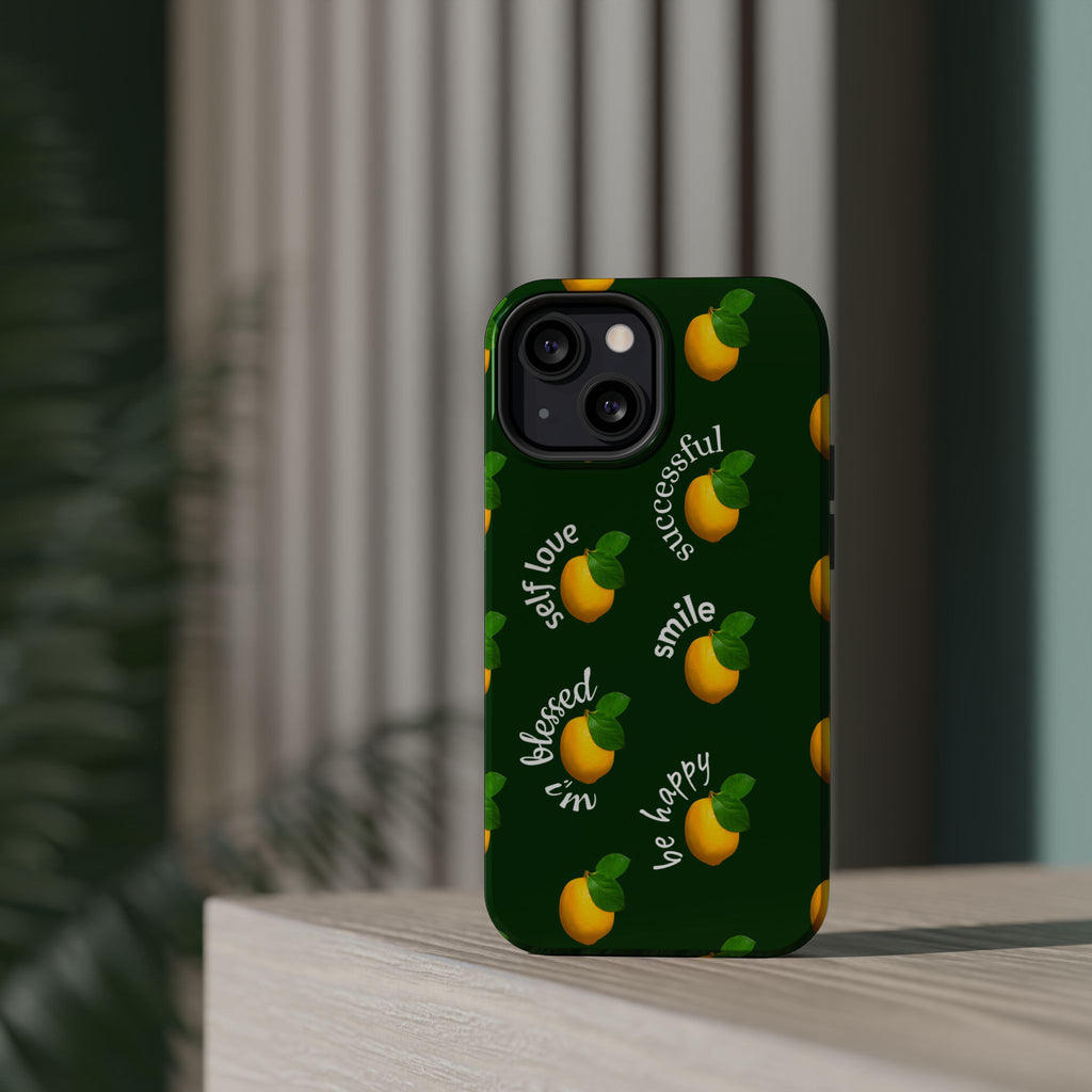 Lemon Pattern Magnetic Impact Phone Case — "be happy, blessed, successful" Design