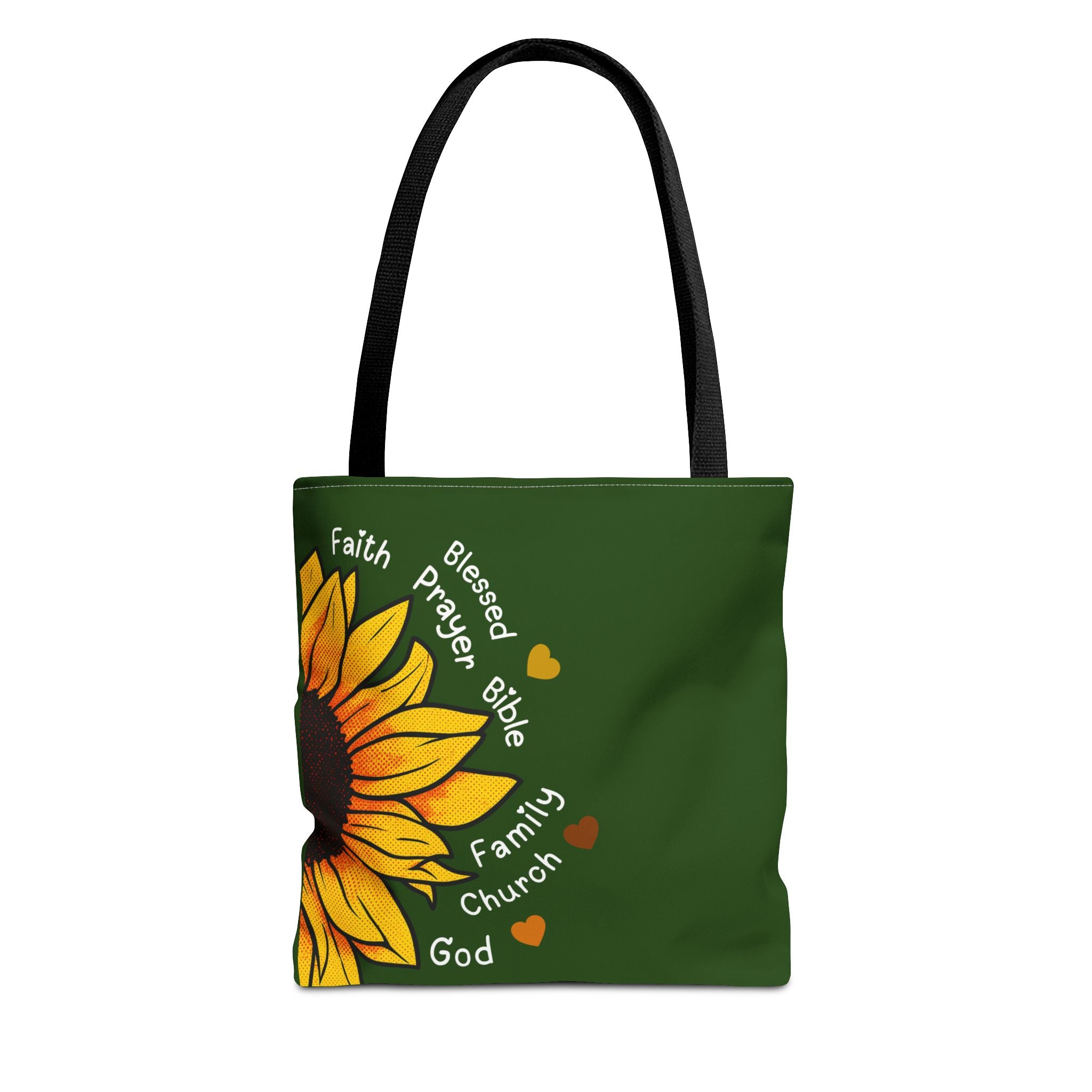Sunflower Faith Tote Bag — 'Faith, Blessed, Prayer, Bible, Family, Church, God' Religious Canvas Tote
