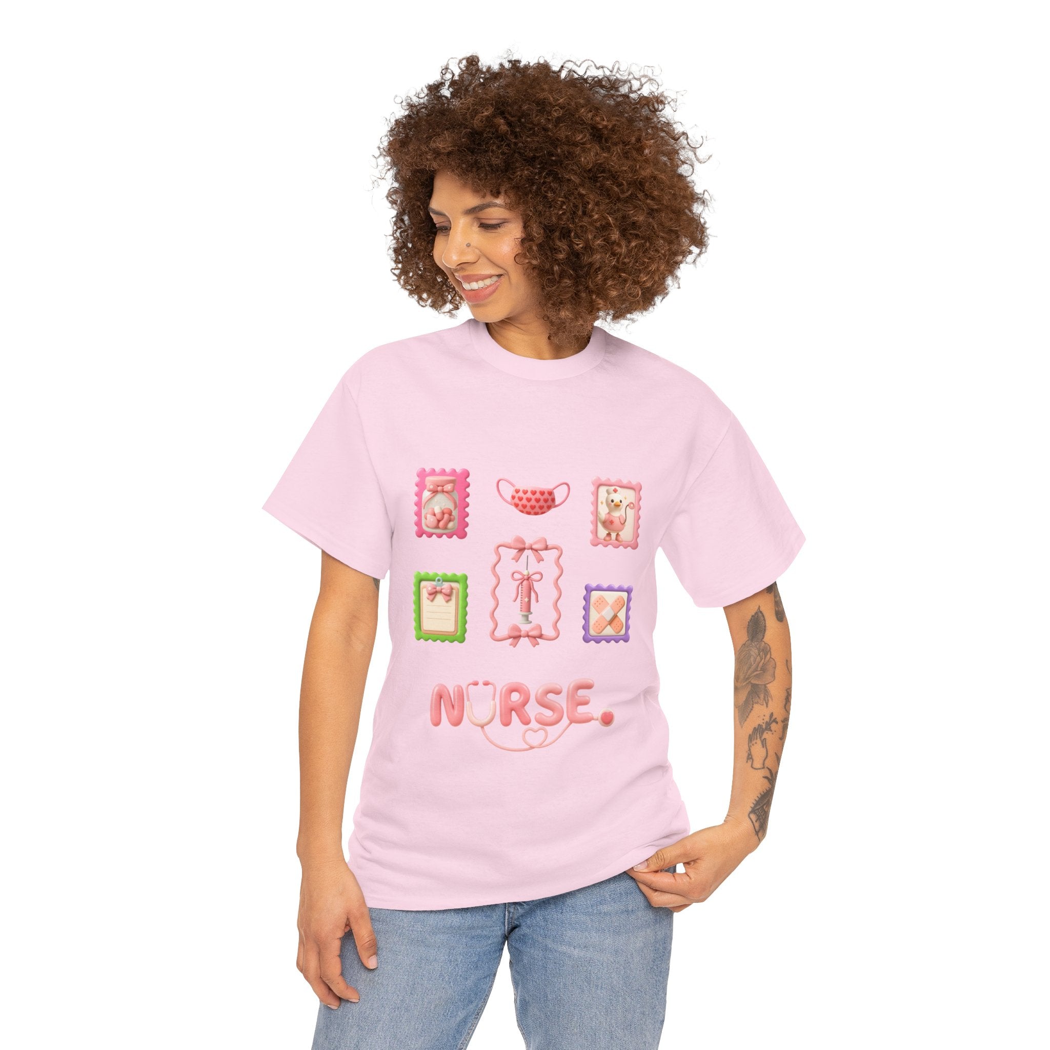 Cute Nurse T‑Shirt – Pink Stethoscope & Medical Icons Tee for Nurses