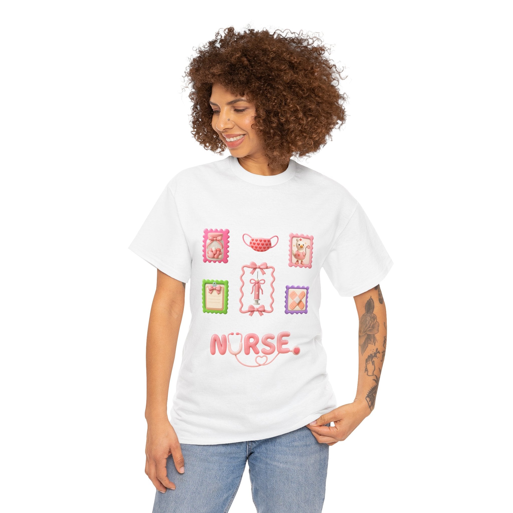 Cute Nurse T‑Shirt – Pink Stethoscope & Medical Icons Tee for Nurses
