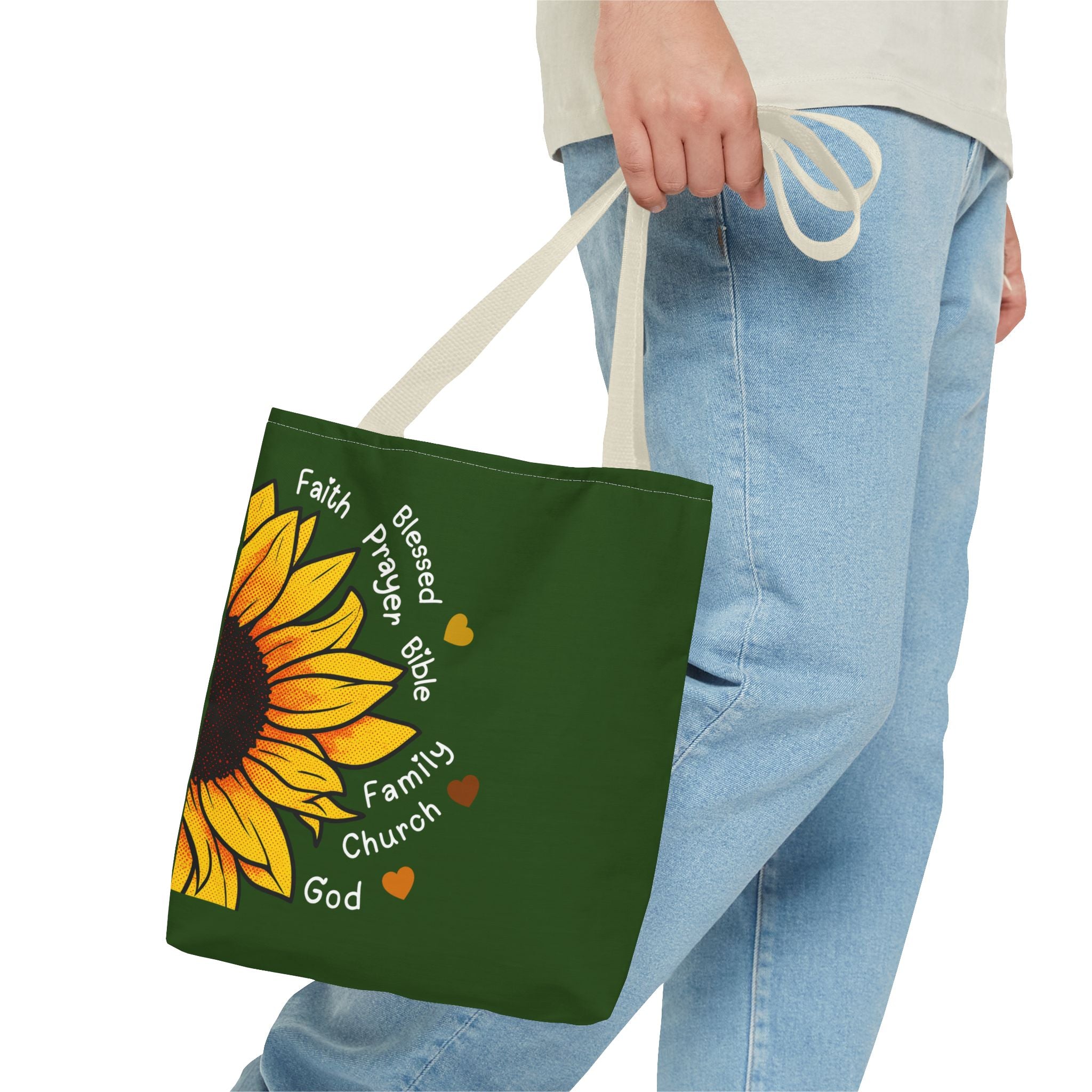 Sunflower Faith Tote Bag — 'Faith, Blessed, Prayer, Bible, Family, Church, God' Religious Canvas Tote