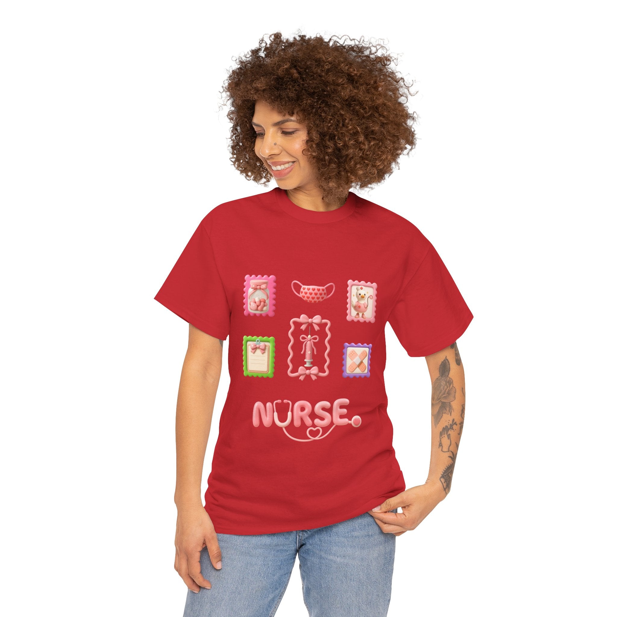 Cute Nurse T‑Shirt – Pink Stethoscope & Medical Icons Tee for Nurses