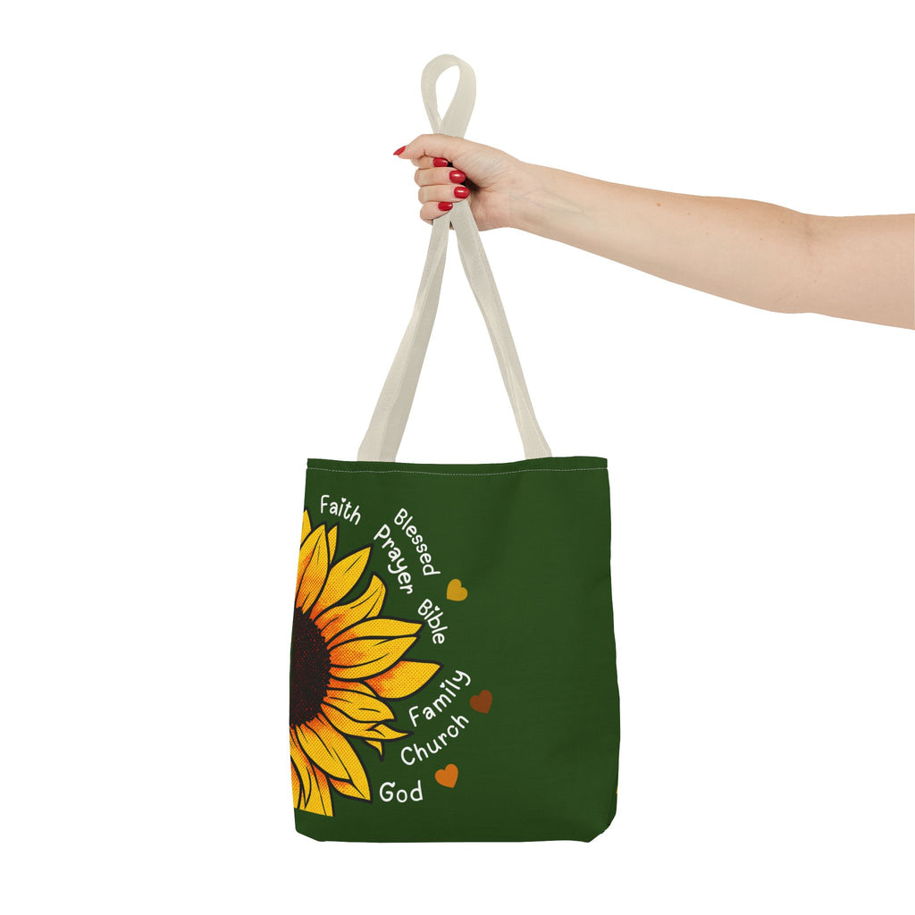 Sunflower Faith Tote Bag — 'Faith, Blessed, Prayer, Bible, Family, Church, God' Religious Canvas Tote