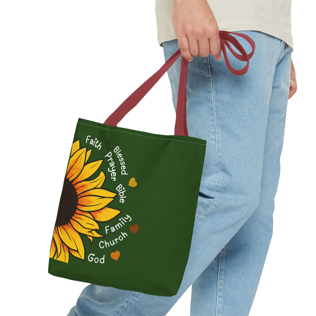 Sunflower Faith Tote Bag — 'Faith, Blessed, Prayer, Bible, Family, Church, God' Religious Canvas Tote