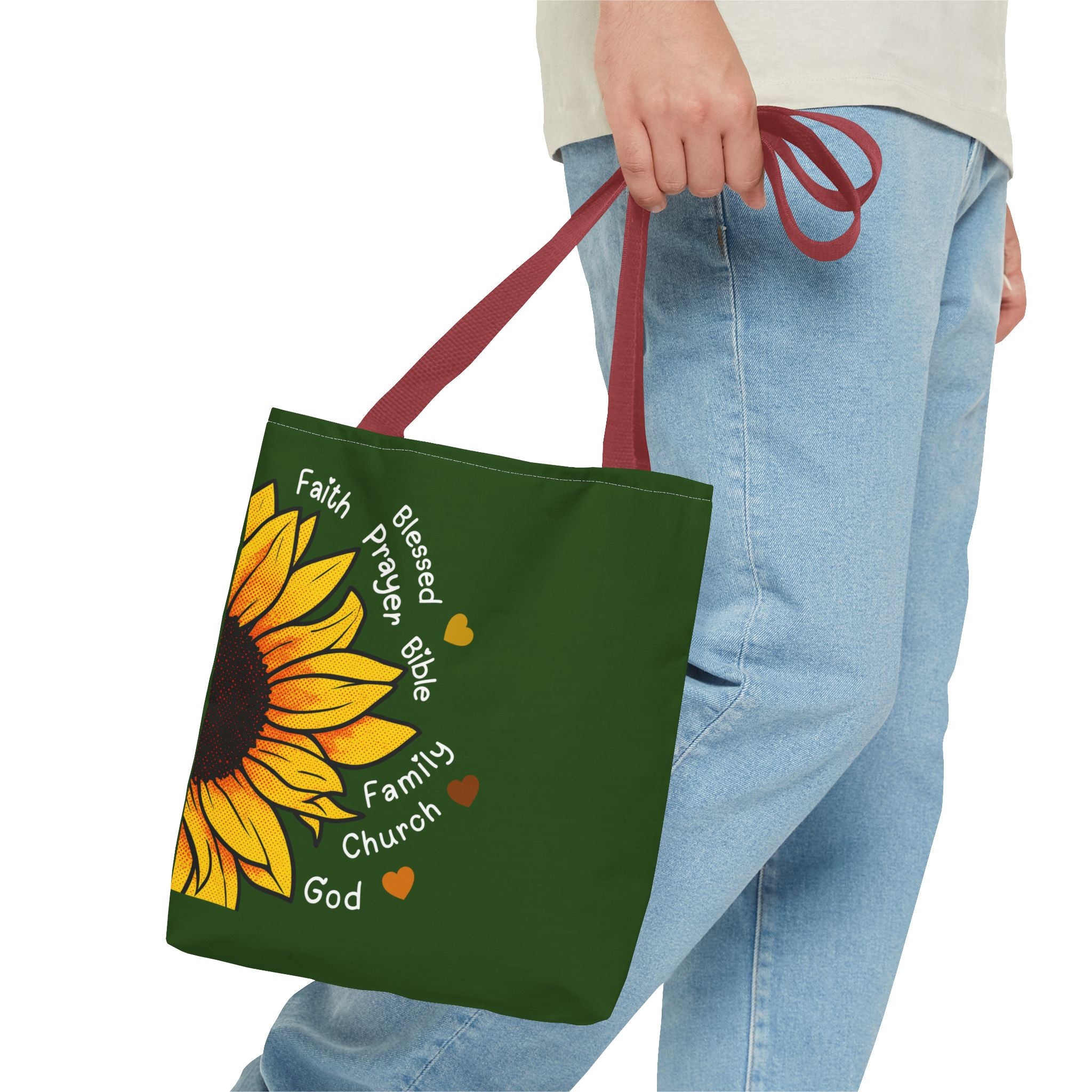 Sunflower Faith Tote Bag — 'Faith, Blessed, Prayer, Bible, Family, Church, God' Religious Canvas Tote