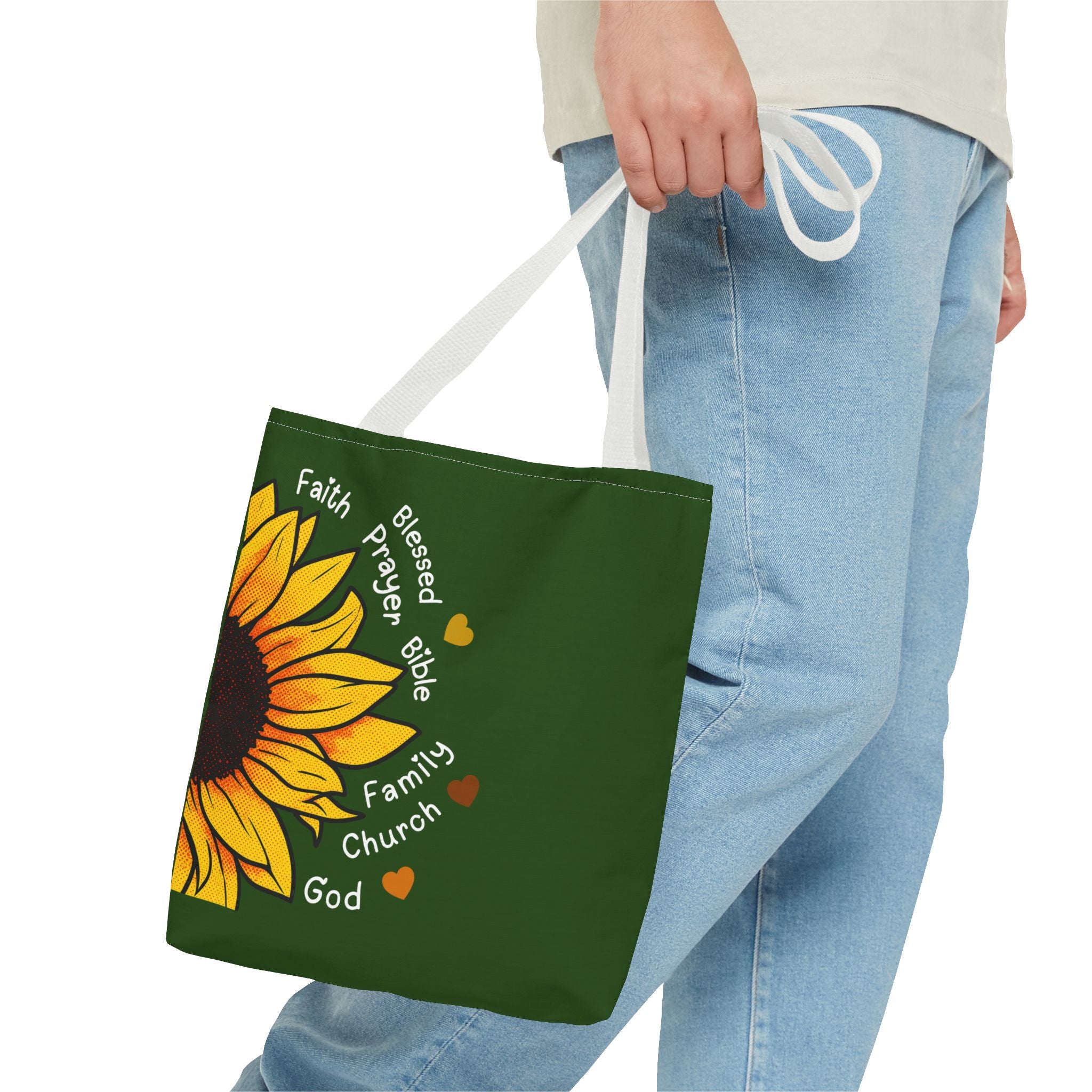 Sunflower Faith Tote Bag — 'Faith, Blessed, Prayer, Bible, Family, Church, God' Religious Canvas Tote